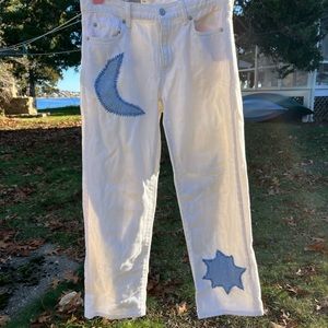 White Gap jeans size 24 Hand embroidered Sun and moon denim cut outs.